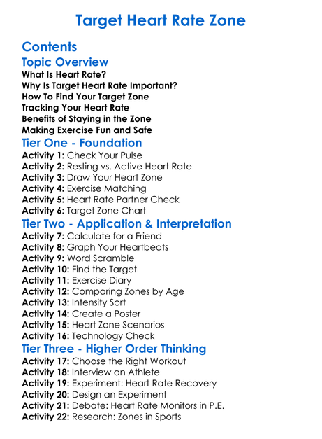Target Heart Rate Zone Worksheet Activity Booklet
