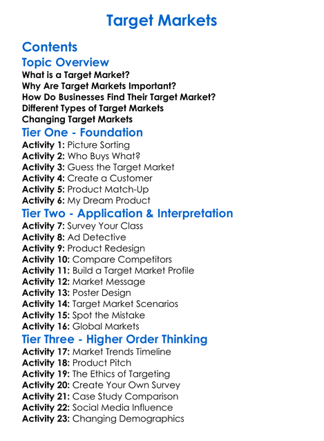Target Markets Worksheet Activity Booklet