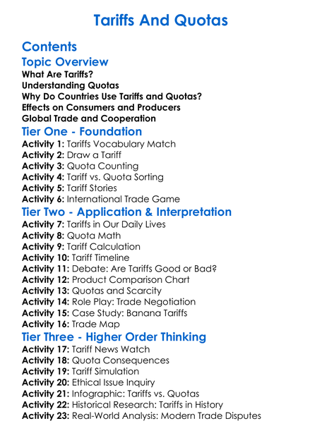 Tariffs And Quotas Worksheet Activity Booklet
