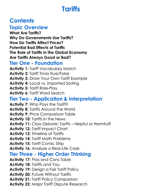 Tariffs Worksheet Activity Booklet