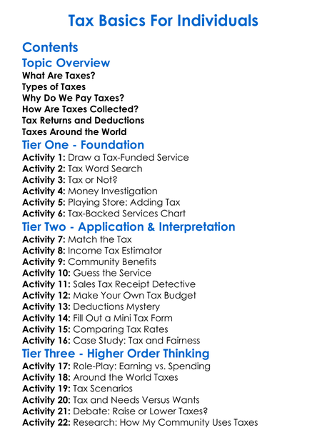 Tax Basics For Individuals Worksheet Activity Booklet