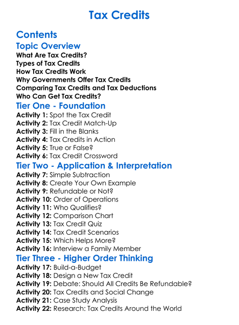 Tax Credits Worksheet Activity Booklet