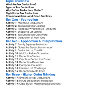 Tax Deductions Worksheet Activity Booklet