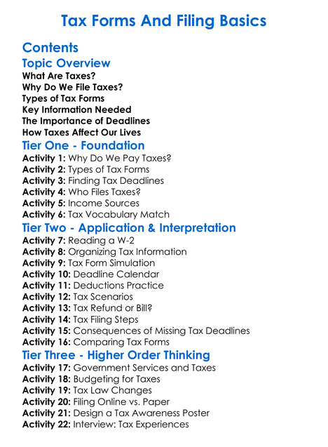 Tax Forms And Filing Basics Worksheet Activity Booklet