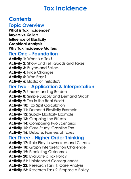 Tax Incidence Worksheet Activity Booklet