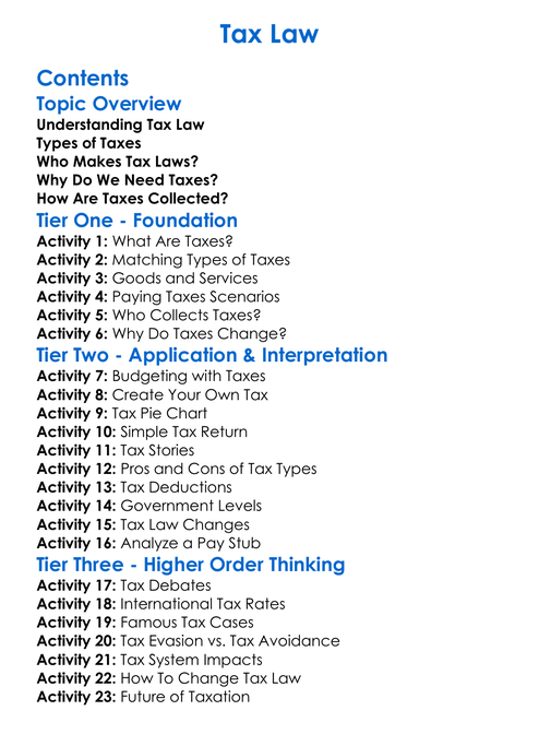 Tax Law Worksheet Activity Booklet