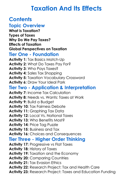 Taxation And Its Effects Worksheet Activity Booklet