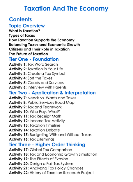 Taxation And The Economy Worksheet Activity Booklet