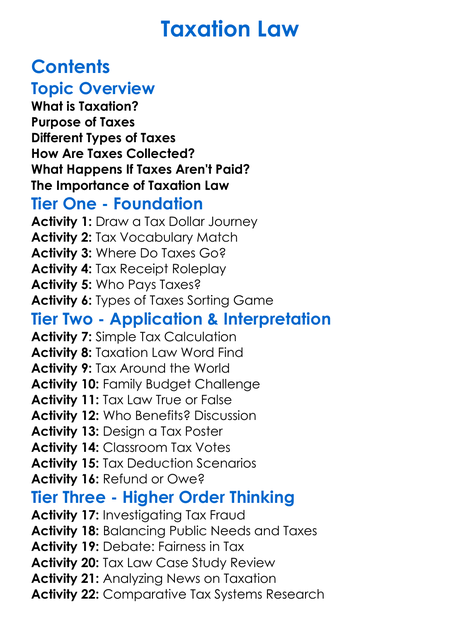 Taxation Law Worksheet Activity Booklet