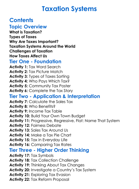 Taxation Systems Worksheet Activity Booklet