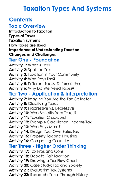 Taxation Types And Systems Worksheet Activity Booklet