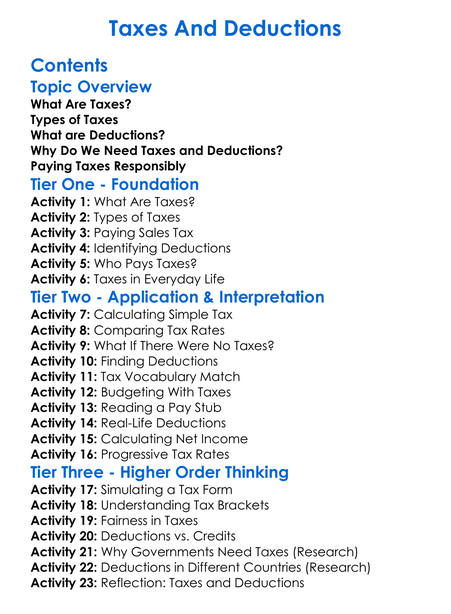 Taxes And Deductions Worksheet Activity Booklet