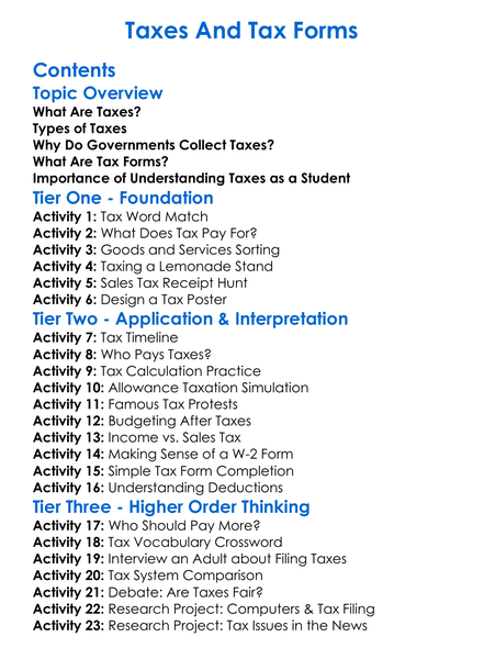 Taxes And Tax Forms Worksheet Activity Booklet