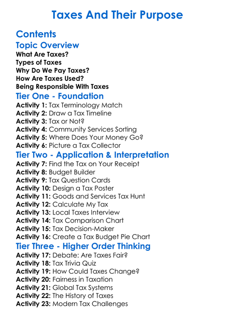 Taxes And Their Purpose Worksheet Activity Booklet