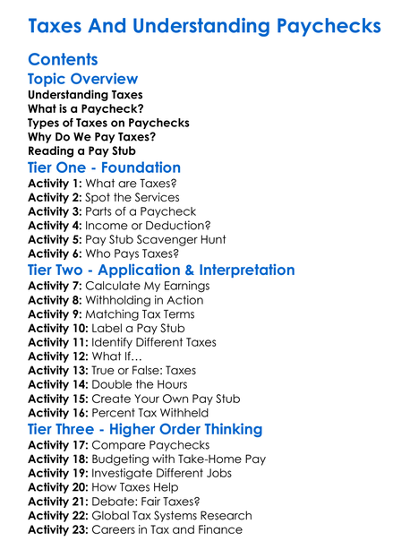 Taxes And Understanding Paychecks Worksheet Activity Booklet