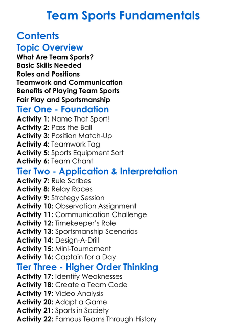 Team Sports Fundamentals Worksheet Activity Booklet