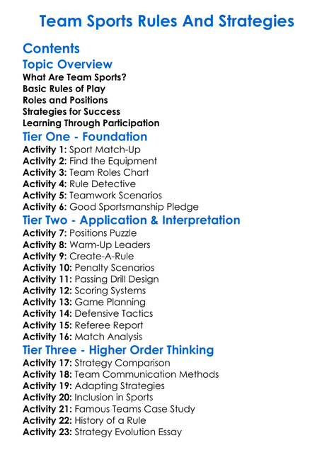 Team Sports Rules And Strategies Worksheet Activity Booklet