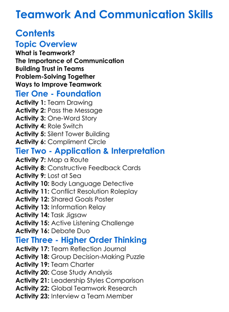 Teamwork And Communication Skills Worksheet Activity Booklet