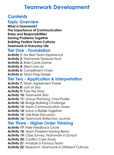 Teamwork Development Worksheet Activity Booklet