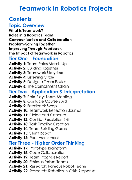 Teamwork In Robotics Projects Worksheet Activity Booklet