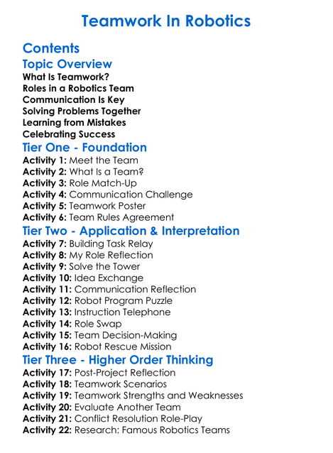Teamwork In Robotics Worksheet Activity Booklet