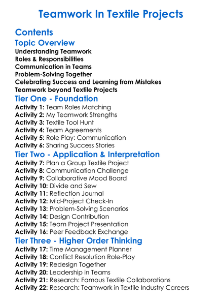 Teamwork In Textile Projects Worksheet Activity Booklet