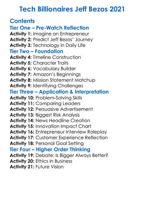 Tech Billionaires Jeff Bezos 2021 Worksheet Activity Booklet