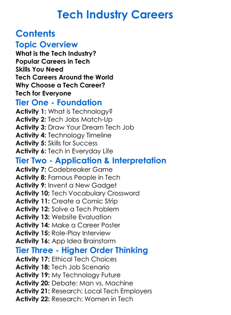 Tech Industry Careers Worksheet Activity Booklet