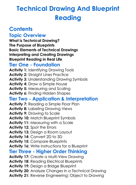 Technical Drawing And Blueprint Reading Worksheet Activity Booklet