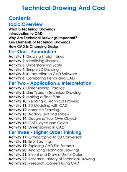 Technical Drawing And Cad Worksheet Activity Booklet