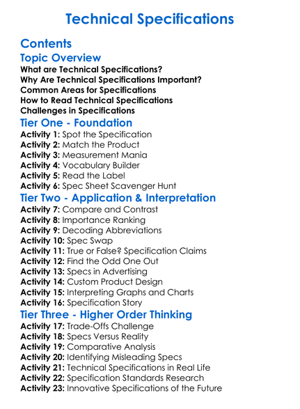 Technical Specifications Worksheet Activity Booklet