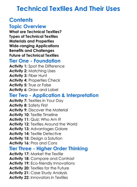 Technical Textiles And Their Uses Worksheet Activity Booklet