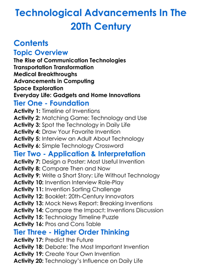 Technological Advancements In The 20Th Century Worksheet Activity Booklet