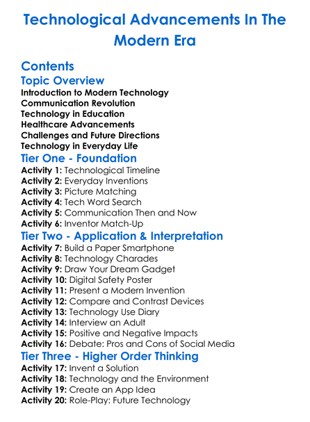 Technological Advancements In The Modern Era Worksheet Activity Booklet