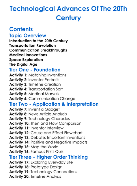 Technological Advances Of The 20Th Century Worksheet Activity Booklet