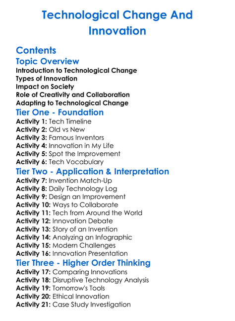 Technological Change And Innovation Worksheet Activity Booklet