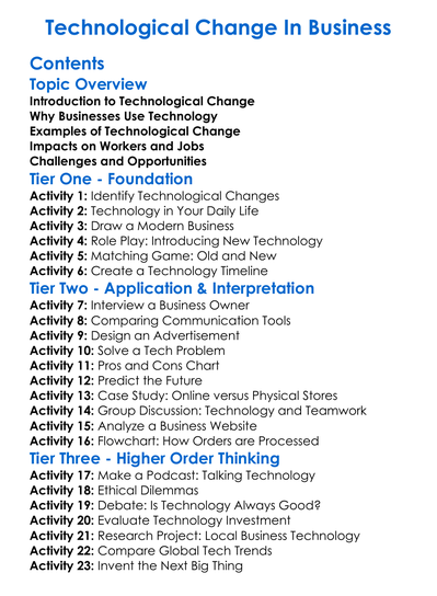 Technological Change In Business Worksheet Activity Booklet