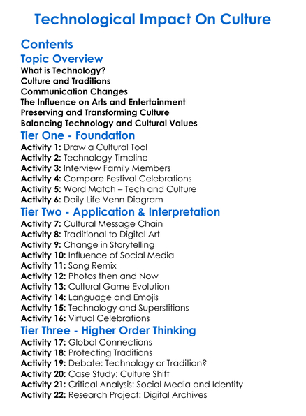 Technological Impact On Culture Worksheet Activity Booklet