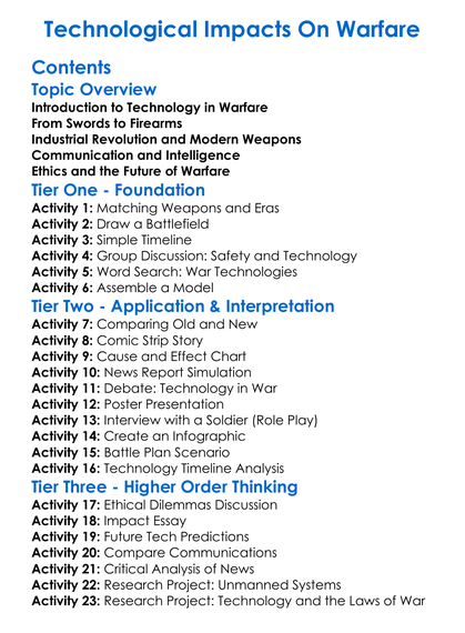 Technological Impacts On Warfare Worksheet Activity Booklet