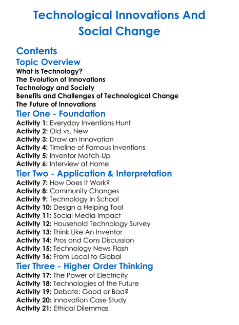 Technological Innovations And Social Change Worksheet Activity Booklet
