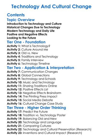 Technology And Cultural Change Worksheet Activity Booklet