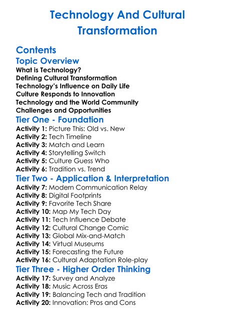 Technology And Cultural Transformation Worksheet Activity Booklet