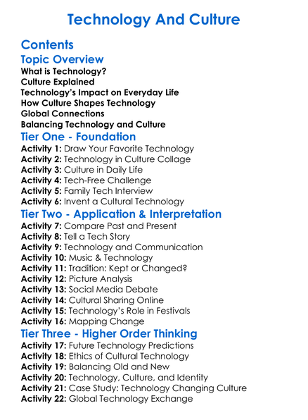 Technology And Culture Worksheet Activity Booklet