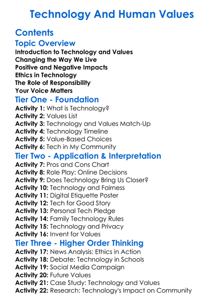 Technology And Human Values Worksheet Activity Booklet