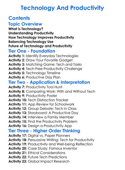 Technology And Productivity Worksheet Activity Booklet