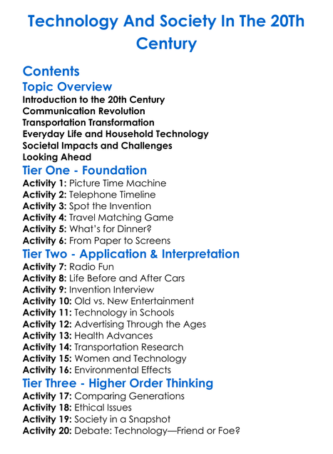 Technology And Society In The 20Th Century Worksheet Activity Booklet