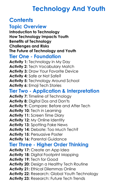 Technology And Youth Worksheet Activity Booklet