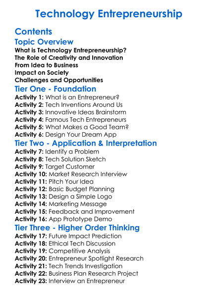Technology Entrepreneurship Worksheet Activity Booklet