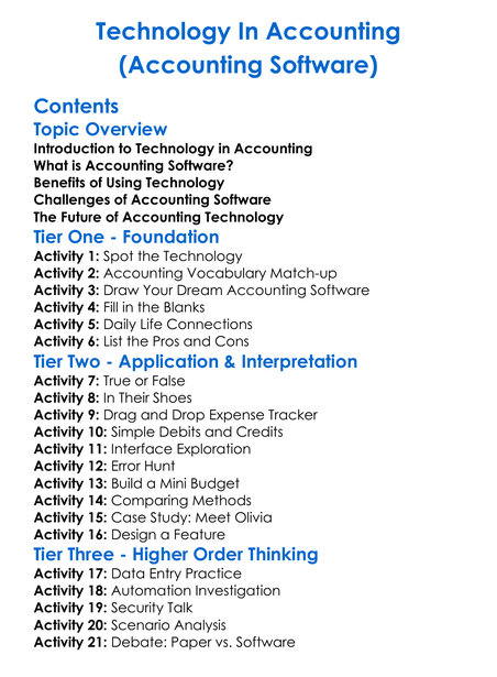 Technology In Accounting Accounting Software Worksheet Activity Booklet
