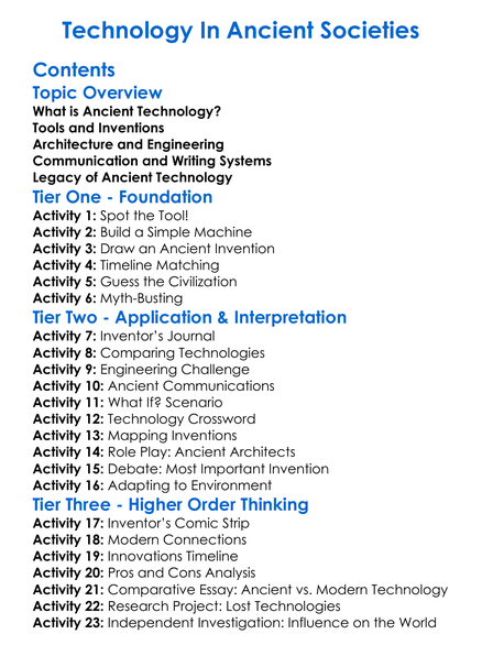 Technology In Ancient Societies Worksheet Activity Booklet